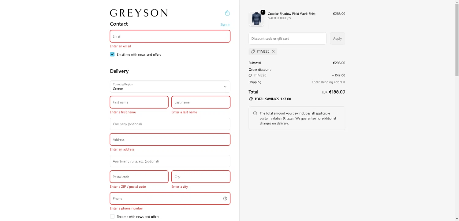 Greyson Clothiers discount code screenshot showing code 1TIME20 applied at Greyson Clothiers checkout page. Uploaded by SimplyCodes community member SwiftLynx7415 on Oct 7, 2025