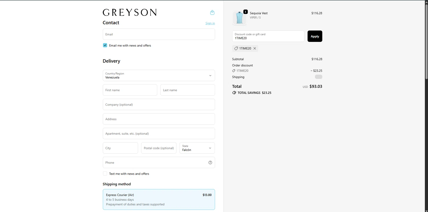 Greyson Clothiers discount code screenshot showing code 1TIME20 applied at Greyson Clothiers checkout page. Uploaded by SimplyCodes community member VoucherRanger9105 on Oct 14, 2025
