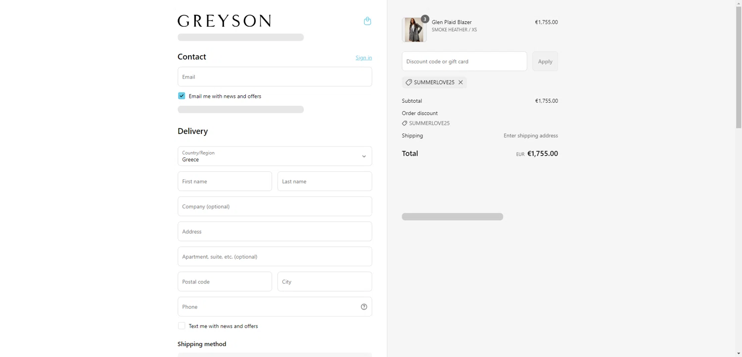 Greyson Clothiers discount code screenshot showing code SUMMERLOVE25 applied at Greyson Clothiers checkout page. Uploaded by SimplyCodes community member ScanRanger3503 on Sep 11, 2025