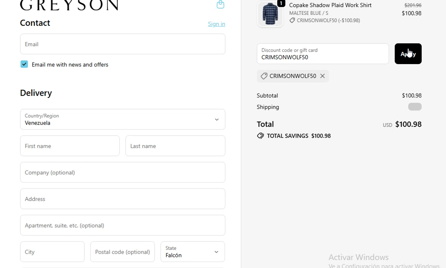 Greyson Clothiers discount code screenshot showing code CRIMSONWOLF50 applied at Greyson Clothiers checkout page. Uploaded by SimplyCodes community member BudgetGuardian5712 on Oct 7, 2025