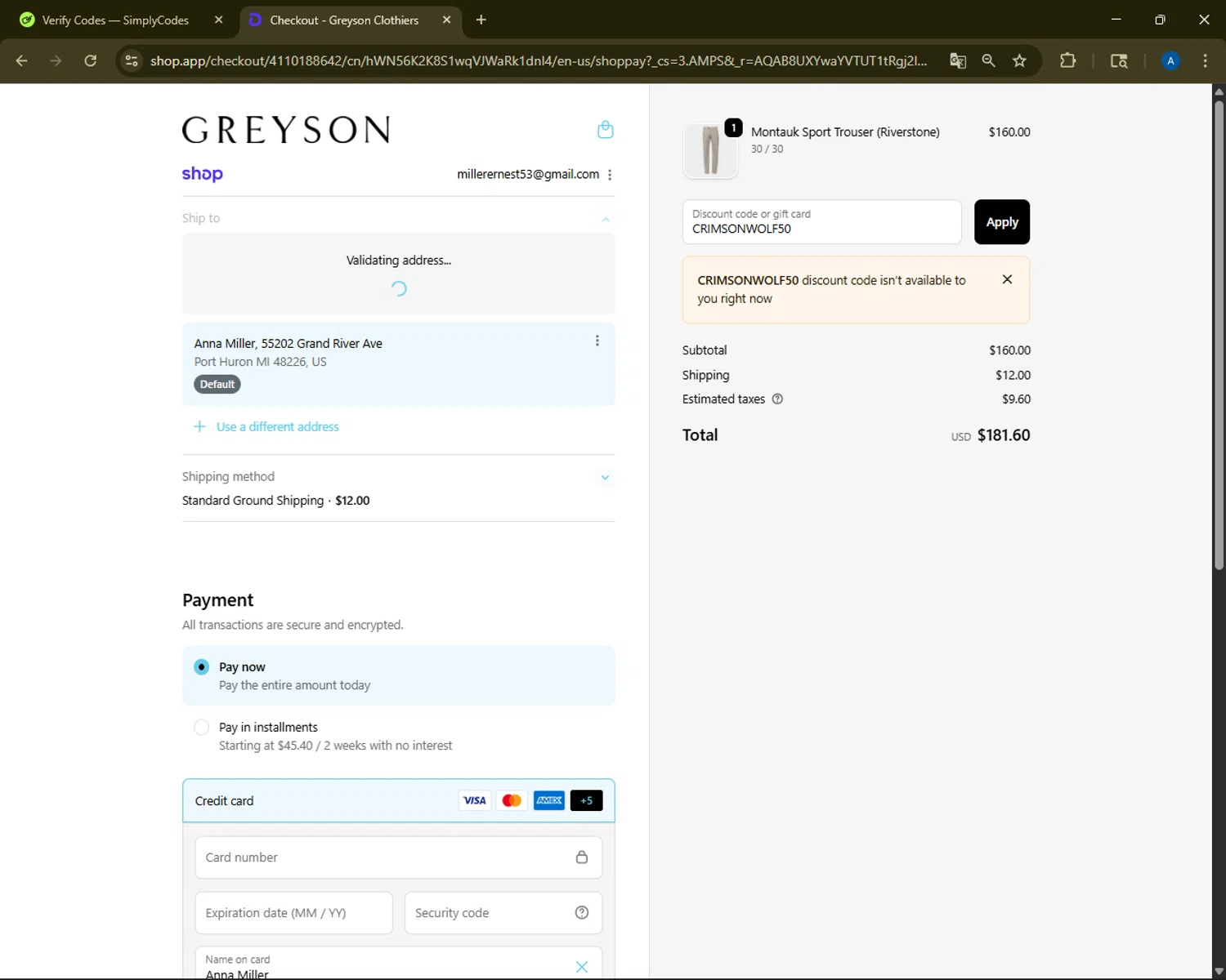 Greyson Clothiers discount code screenshot showing code CRIMSONWOLF50 applied at Greyson Clothiers checkout page. Uploaded by SimplyCodes community member ShrewdMaestro6940 on Nov 9, 2025