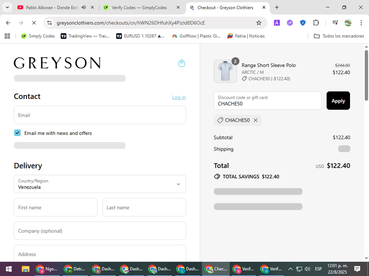 Greyson Clothiers discount code screenshot showing code CHACHE50 applied at Greyson Clothiers checkout page. Uploaded by SimplyCodes community member CoinMaven5220 on Aug 22, 2025