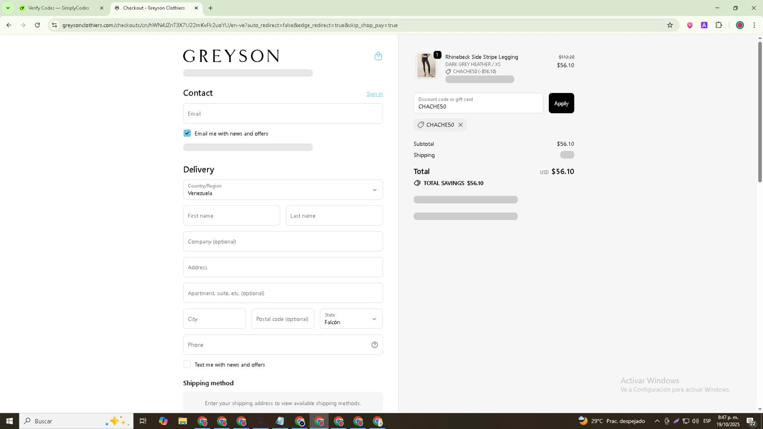 Greyson Clothiers discount code screenshot showing code CHACHE50 applied at Greyson Clothiers checkout page. Uploaded by SimplyCodes community member Joseph_Davis on Oct 20, 2025
