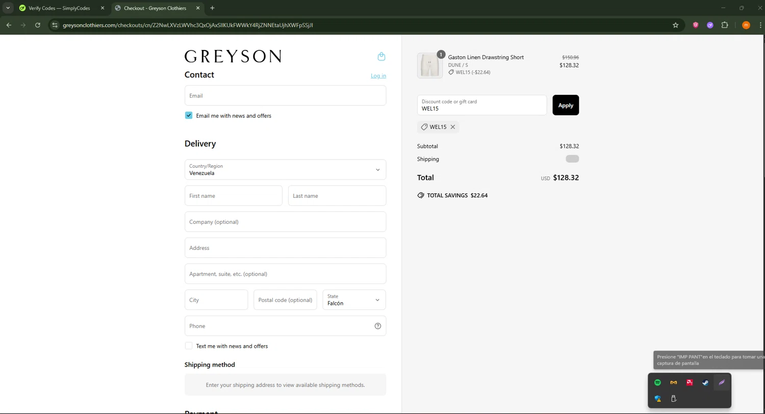Greyson Clothiers discount code screenshot showing code WEL15 applied at Greyson Clothiers checkout page. Uploaded by SimplyCodes community member Davoxeneixe on Jun 25, 2025