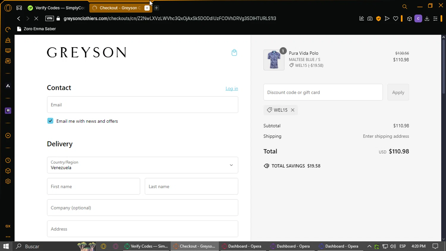 Greyson Clothiers discount code screenshot showing code WEL15 applied at Greyson Clothiers checkout page. Uploaded by SimplyCodes community member ExtraordinaryPhoenix3689 on Mar 2, 2025