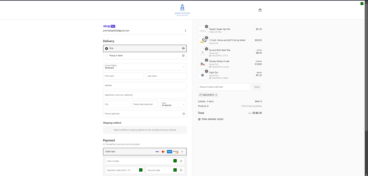 Greystone Needlepoint discount code screenshot showing code WELCOME10 applied at Greystone Needlepoint checkout page. Uploaded by SimplyCodes community member RINITOSHI on May 18, 2025