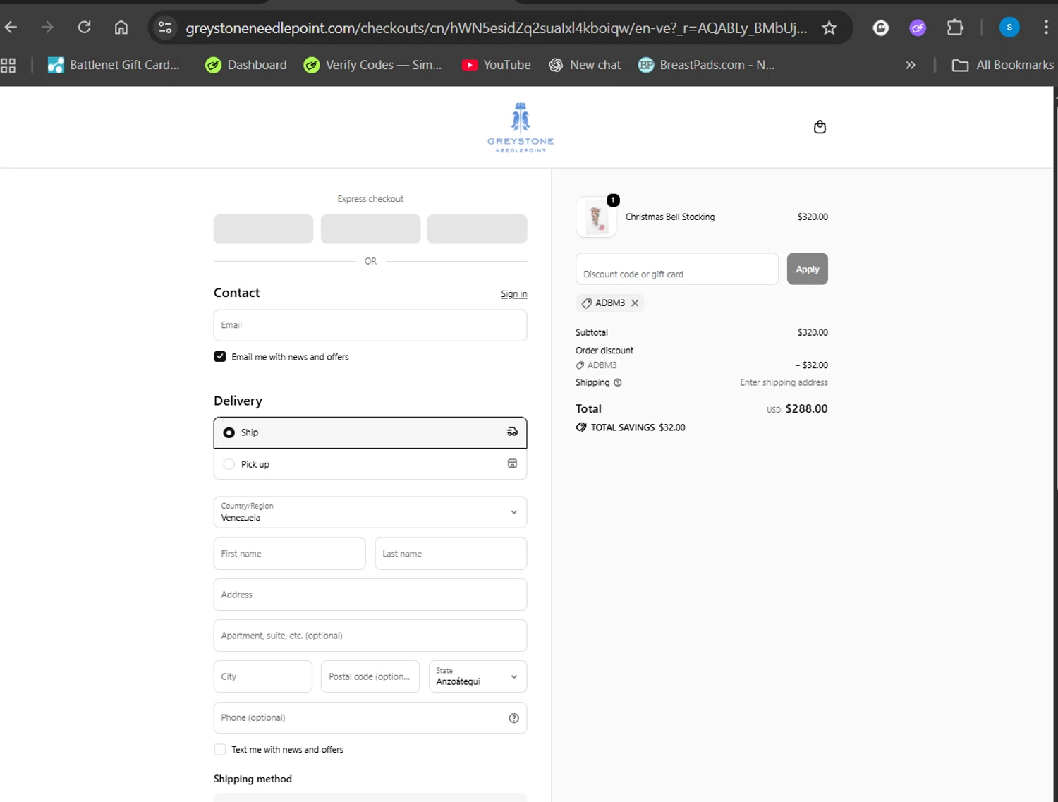 Greystone Needlepoint discount code screenshot showing code ADBM3 applied at Greystone Needlepoint checkout page. Uploaded by SimplyCodes community member Giyuuu on Nov 24, 2025