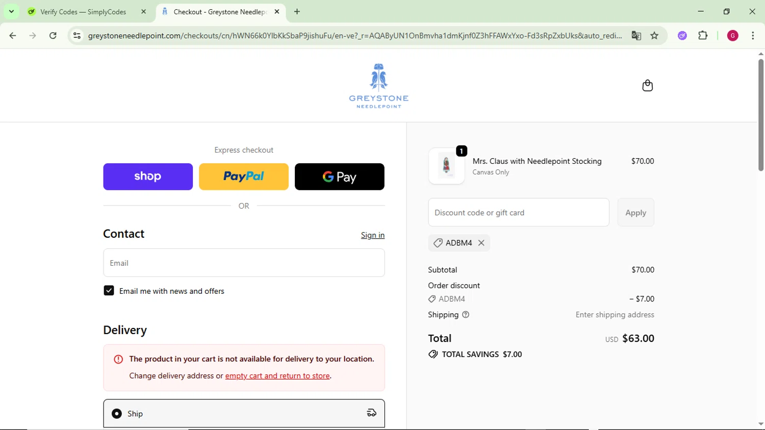Greystone Needlepoint discount code screenshot showing code ADBM4 applied at Greystone Needlepoint checkout page. Uploaded by SimplyCodes community member CrownFinder3074 on Dec 6, 2025