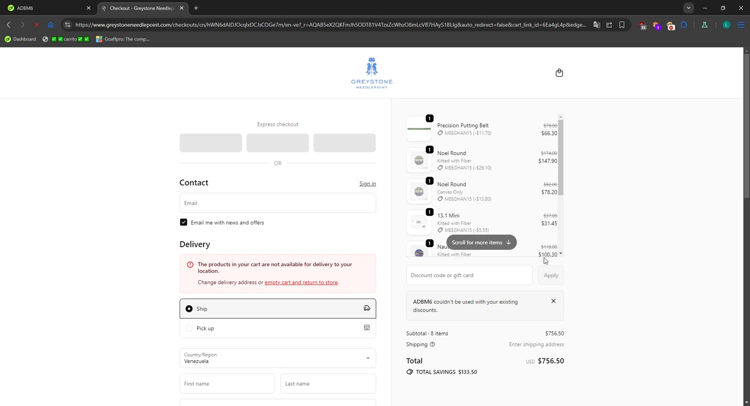 Greystone Needlepoint discount code screenshot showing code ADBM6 applied at Greystone Needlepoint checkout page. Uploaded by SimplyCodes community member CrownBoss2710 on Dec 20, 2025