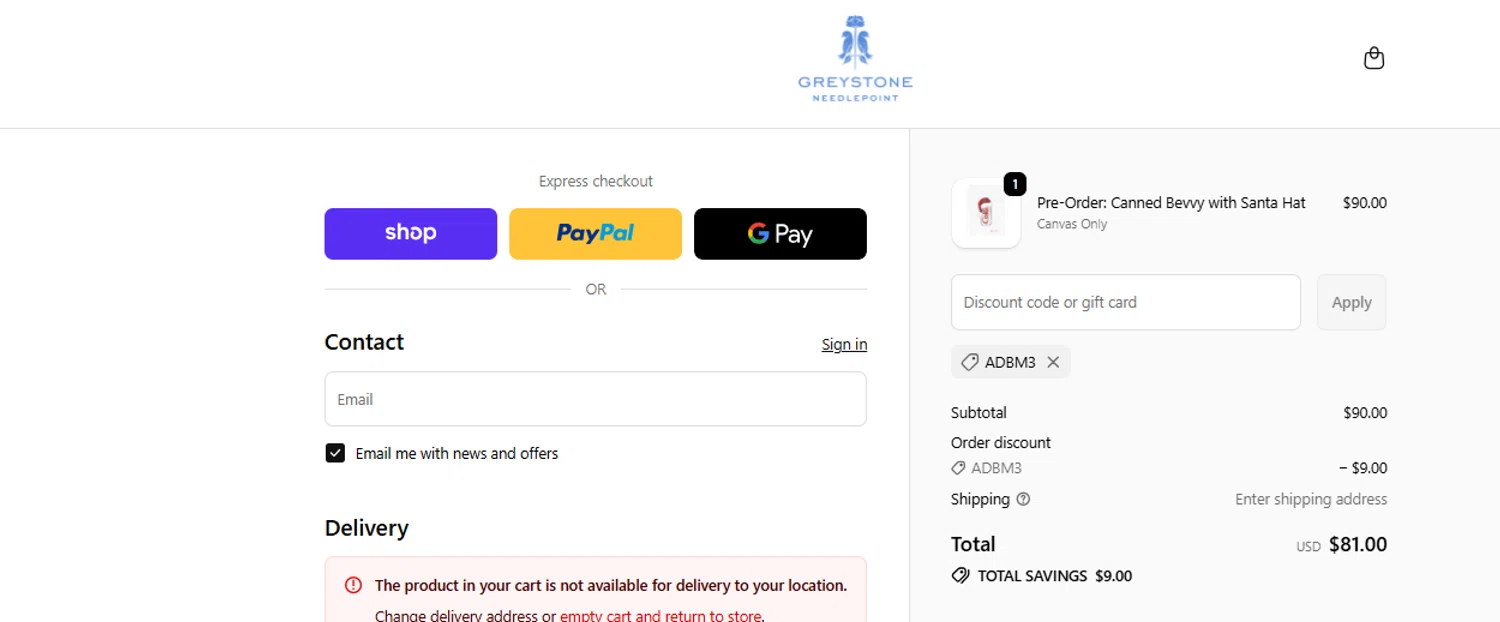 Greystone Needlepoint discount code screenshot showing code ADBM3 applied at Greystone Needlepoint checkout page. Uploaded by SimplyCodes community member ashe1986 on Nov 24, 2025
