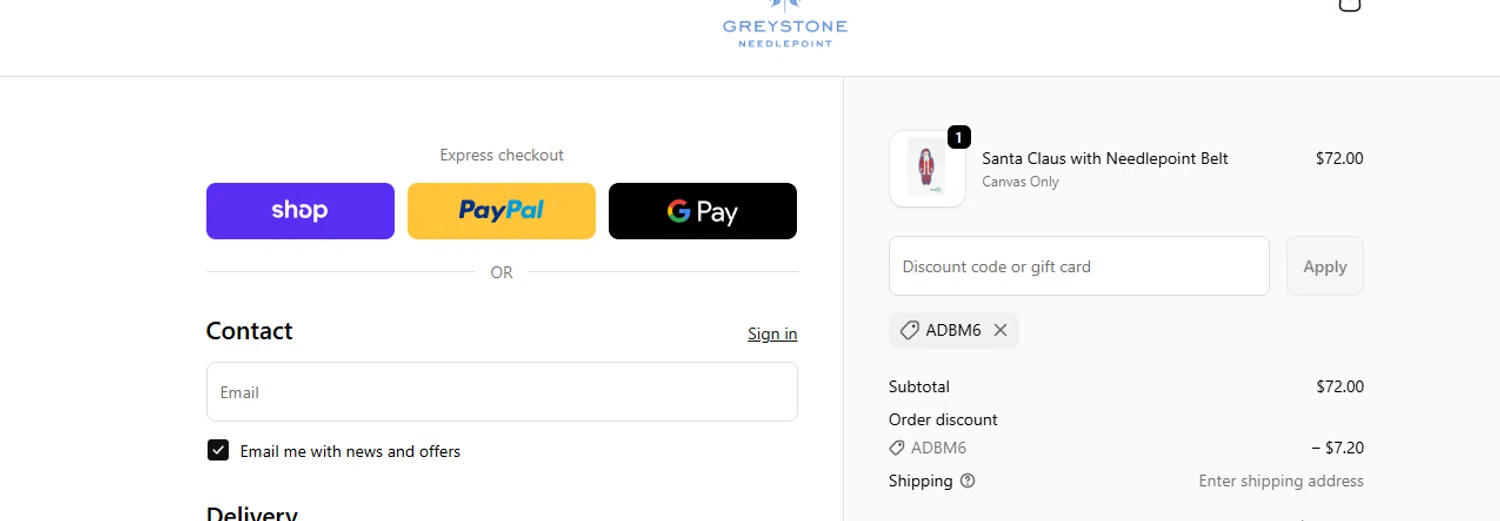 Greystone Needlepoint discount code screenshot showing code ADBM6 applied at Greystone Needlepoint checkout page. Uploaded by SimplyCodes community member ashe1986 on Dec 19, 2025