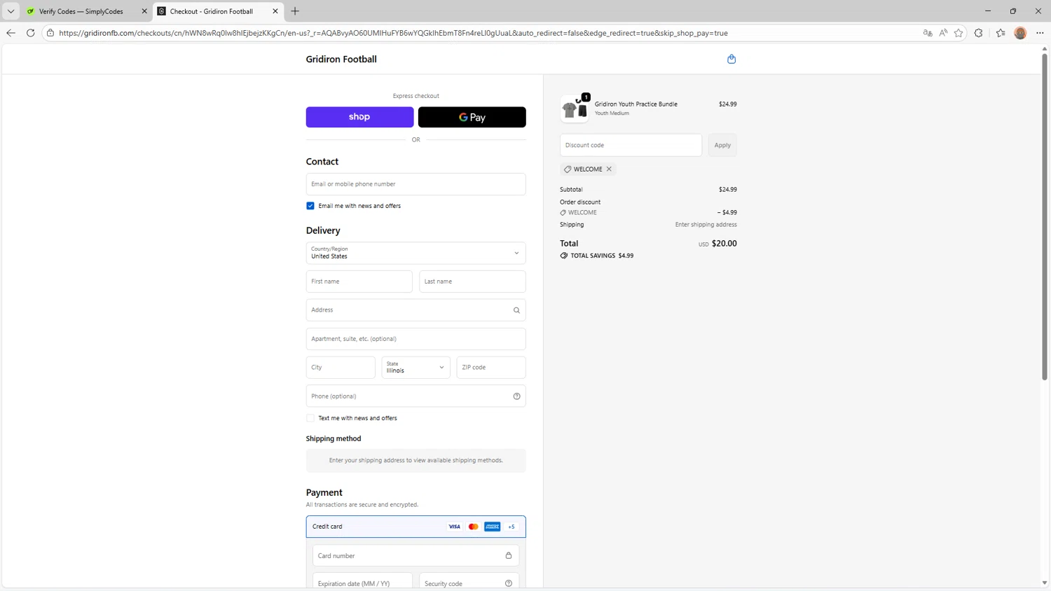 Gridironfb promo code screenshot showing code WELCOME applied at Gridironfb checkout page. Uploaded by SimplyCodes community member Livingston on Feb 18, 2026
