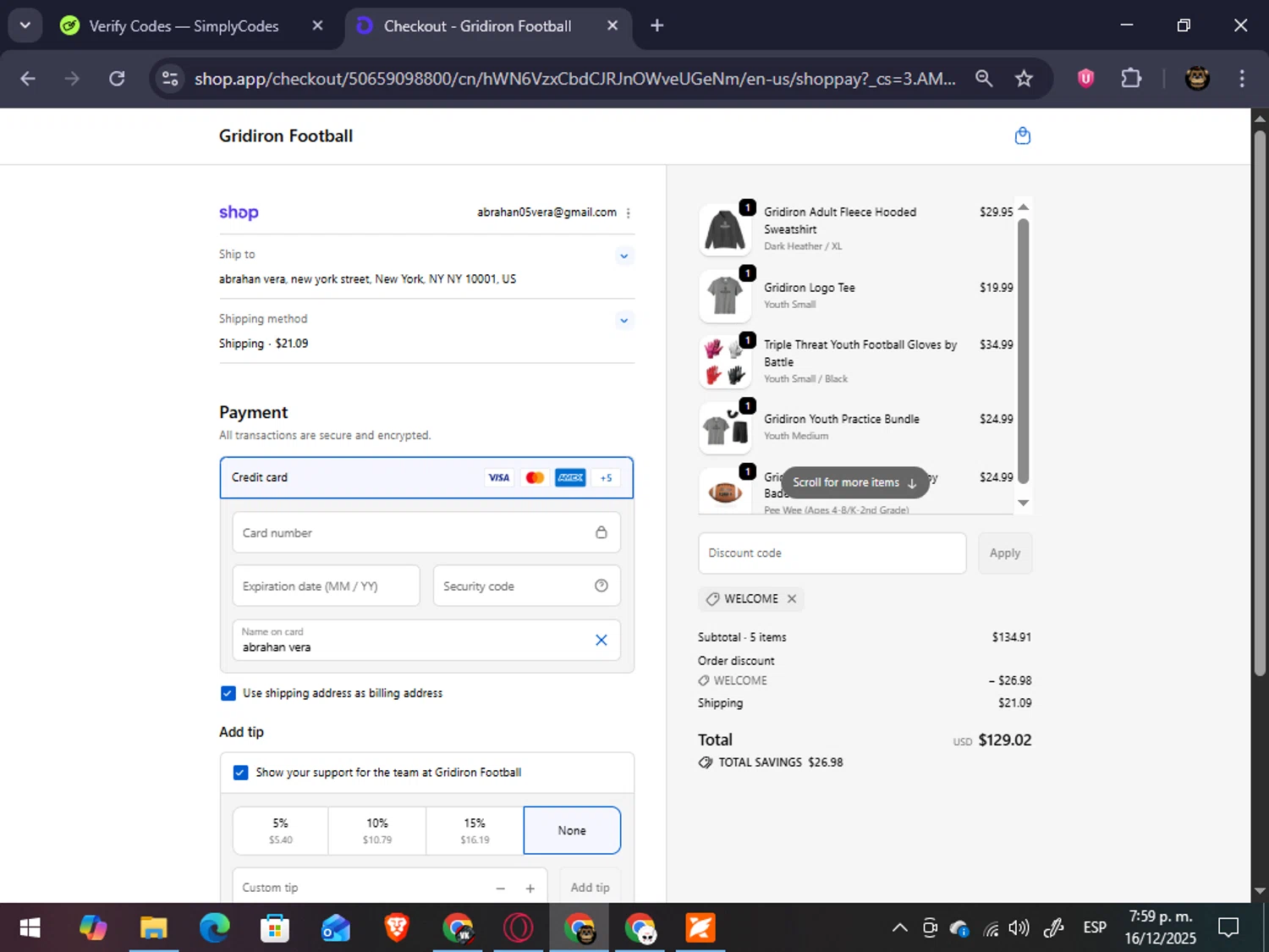 Gridironfb promo code screenshot showing code WELCOME applied at Gridironfb checkout page. Uploaded by SimplyCodes community member abrahanv on Dec 16, 2025