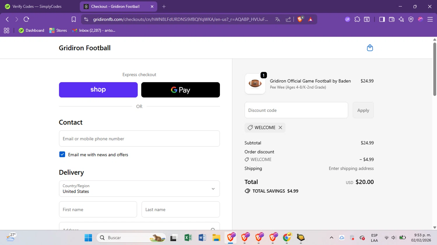 Gridironfb promo code screenshot showing code WELCOME applied at Gridironfb checkout page. Uploaded by SimplyCodes community member antoooooooooooooo on Feb 3, 2026