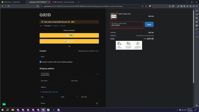 GRID Studio checkout page showing GRID Studio coupon code box | Screenshot taken by SimplyCodes community member on Aug 17, 2025