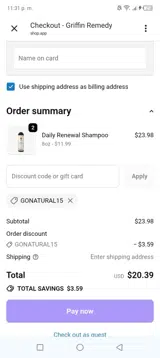 Griffin Remedy coupon verification screenshot