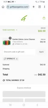 Griffy's Organics coupon verification screenshot