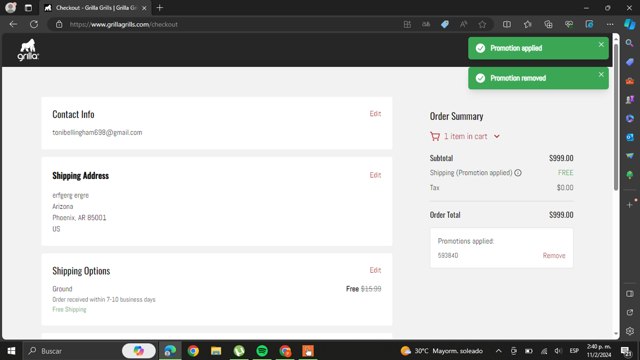 Grilla Grills checkout page showing Grilla Grills discount code box | Screenshot taken by SimplyCodes community member on Feb 11, 2024