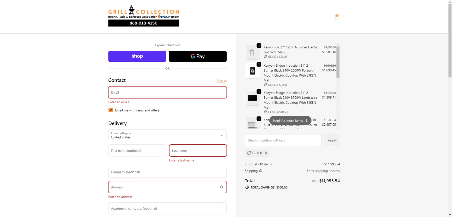 Grill Collection promo code screenshot showing code GC100 applied at Grill Collection checkout page. Uploaded by SimplyCodes community member TreasureKnight4134 on Feb 10, 2026