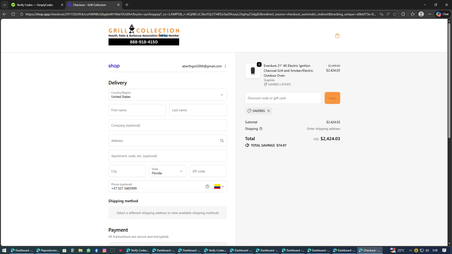 Grill Collection promo code screenshot showing code Savebig applied at Grill Collection checkout page. Uploaded by SimplyCodes community member AVATIGRITO on Feb 10, 2026