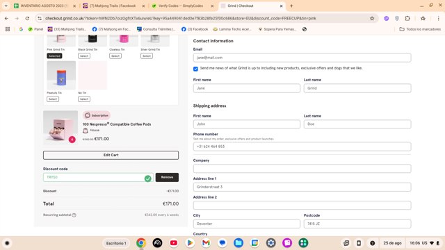 Grind checkout page showing Grind promo code box | Screenshot taken by SimplyCodes community member on Aug 25, 2025
