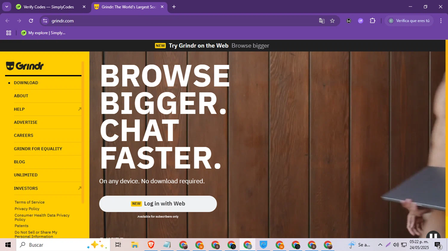 Grindr promo code screenshot showing code SPRING25 applied at Grindr checkout page. Uploaded by SimplyCodes community member MoneySeeker8573 on May 24, 2025