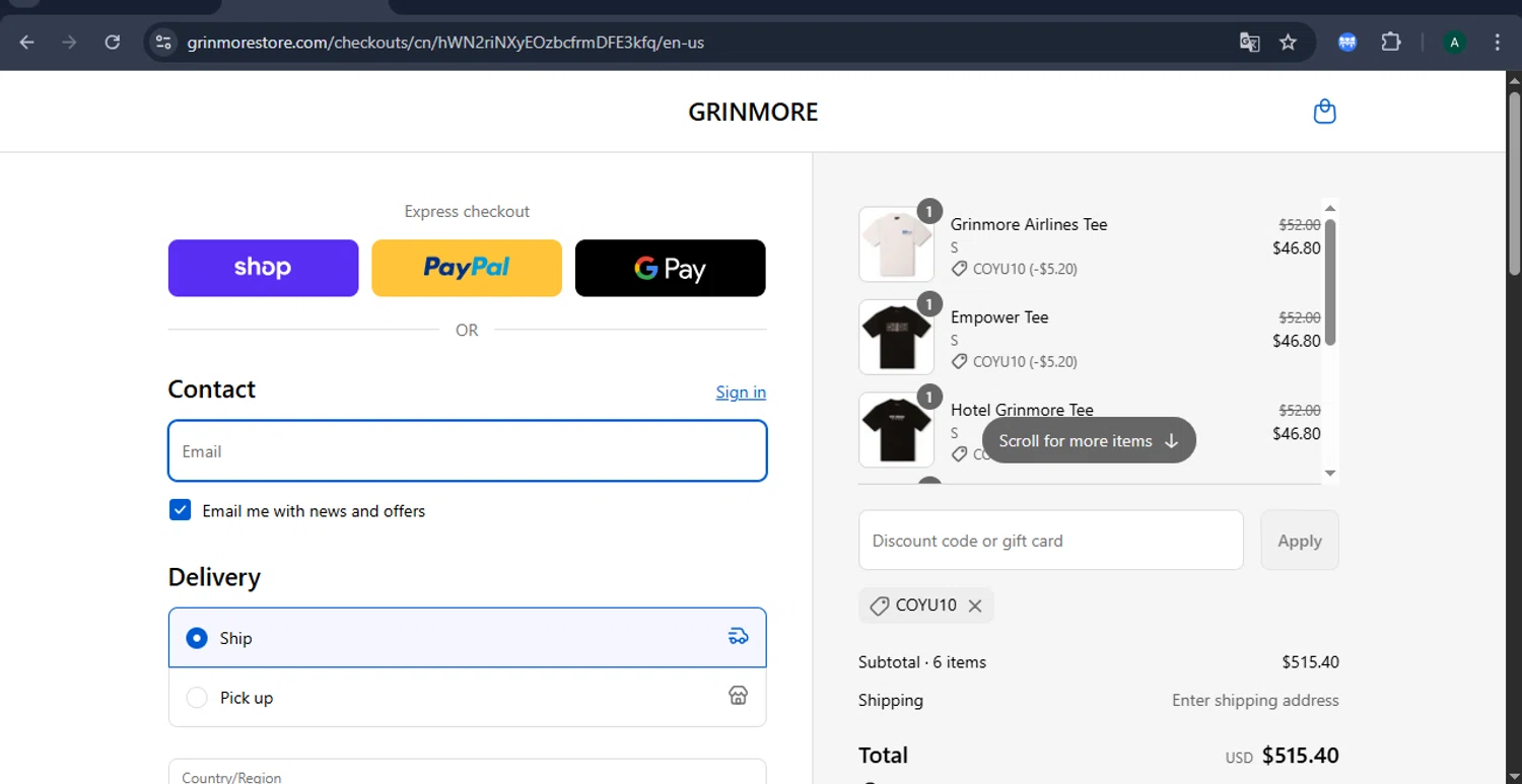 GRINMORE promo code screenshot showing code COYU10 applied at GRINMORE checkout page. Uploaded by SimplyCodes community member CoinGuardian4017 on Sep 11, 2025