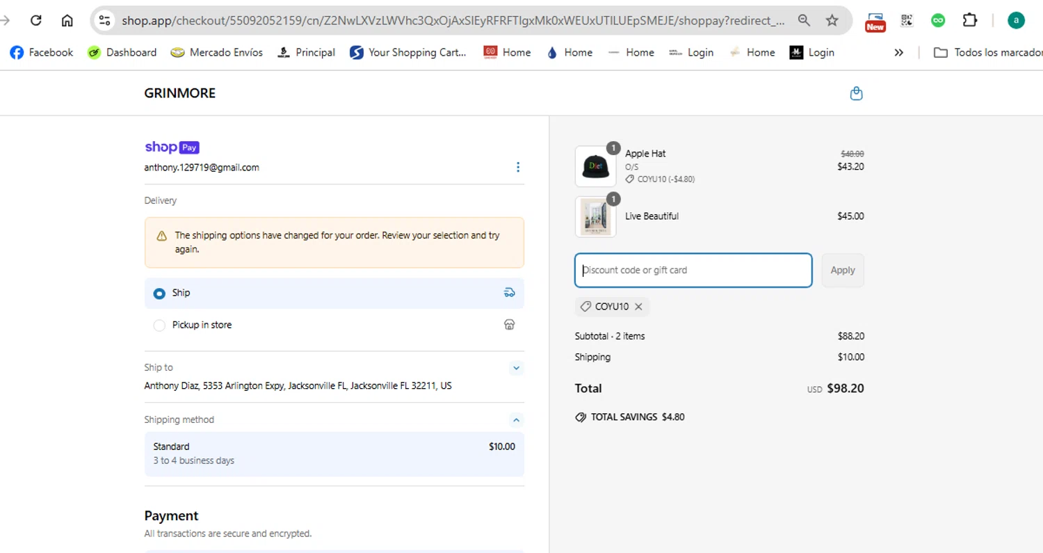 GRINMORE promo code screenshot showing code COYU10 applied at GRINMORE checkout page. Uploaded by SimplyCodes community member anthonydiaz1 on Apr 6, 2025