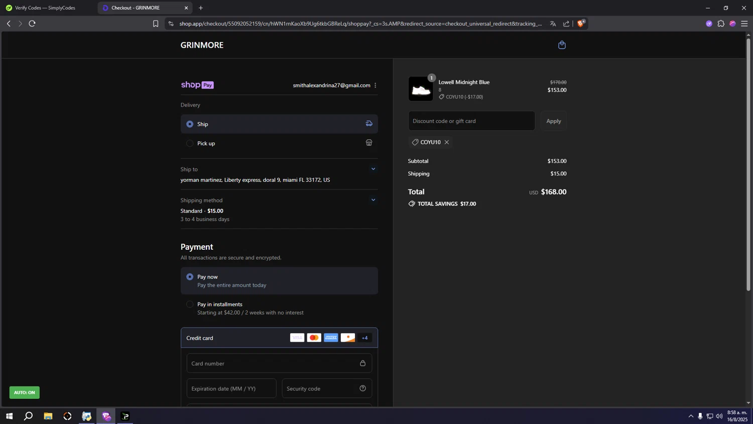 GRINMORE promo code screenshot showing code COYU10 applied at GRINMORE checkout page. Uploaded by SimplyCodes community member INSECTOS on Aug 16, 2025