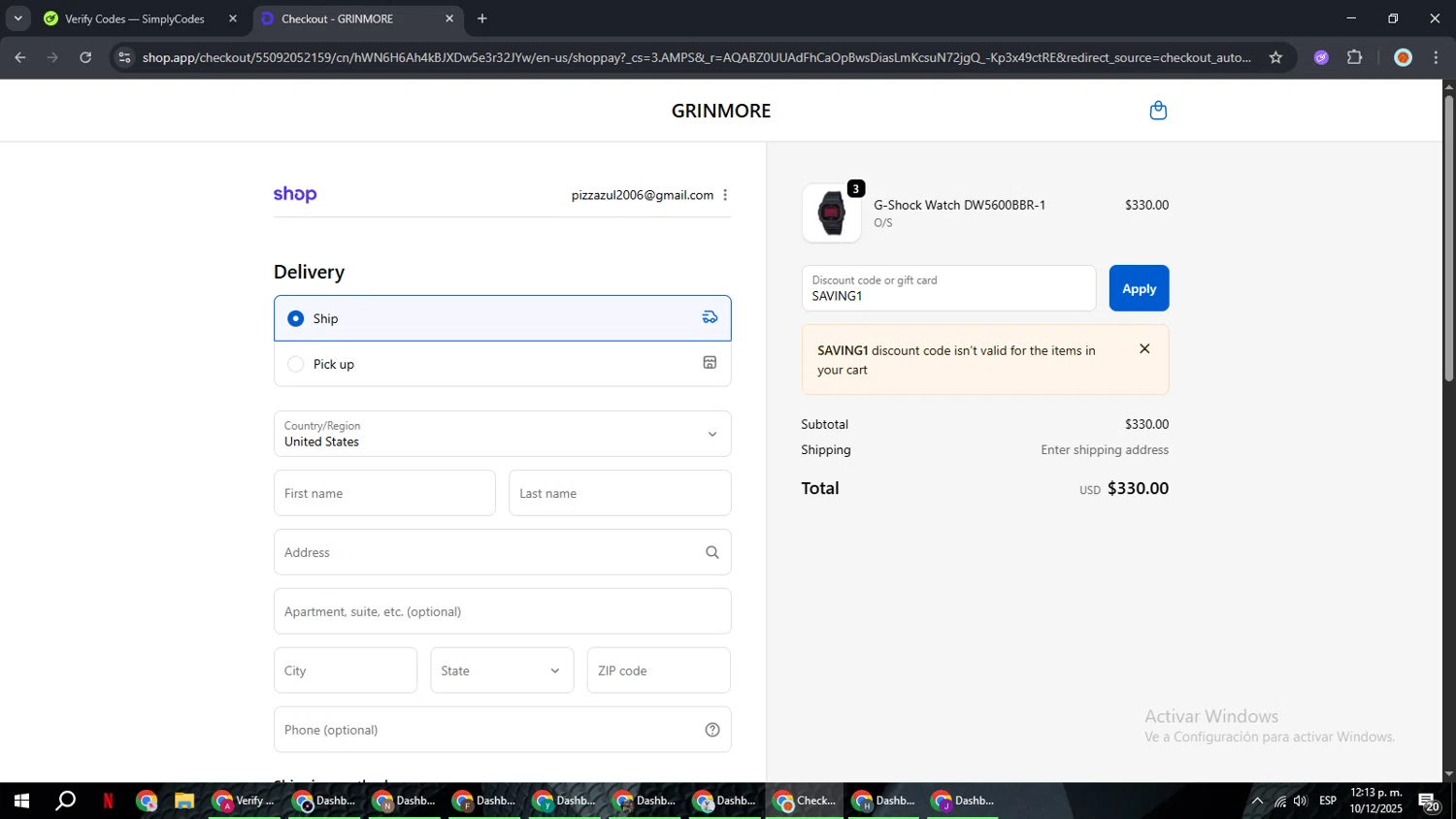 GRINMORE promo code screenshot showing code SAVING1 applied at GRINMORE checkout page. Uploaded by SimplyCodes community member BonusCaptain9927 on Dec 10, 2025