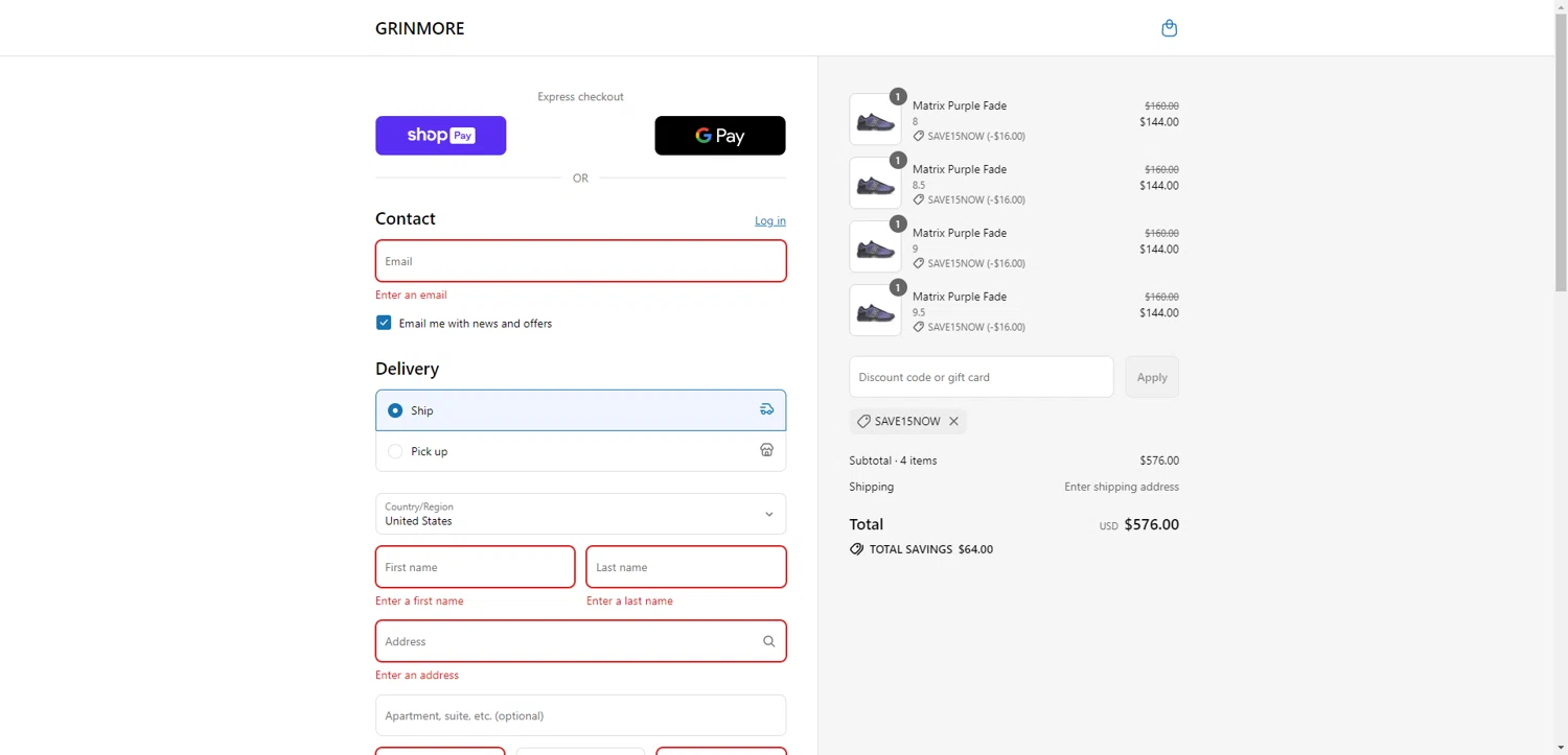 GRINMORE promo code screenshot showing code save15now applied at GRINMORE checkout page. Uploaded by SimplyCodes community member CrownTiger6508 on Aug 8, 2025