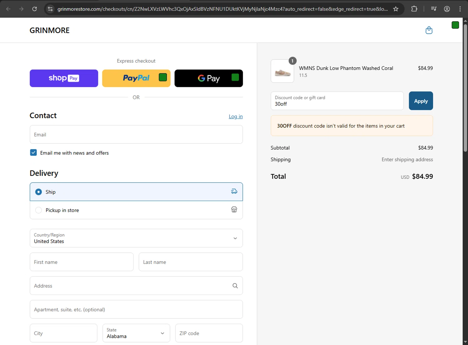 GRINMORE promo code screenshot showing code 30off applied at GRINMORE checkout page. Uploaded by SimplyCodes community member JakePerrox on May 28, 2025