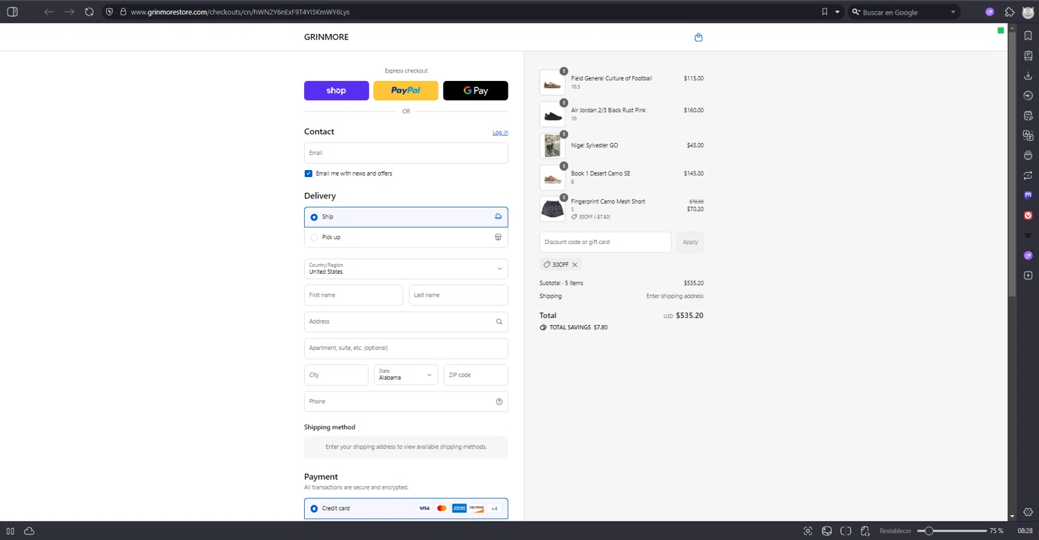 GRINMORE promo code screenshot showing code 30off applied at GRINMORE checkout page. Uploaded by SimplyCodes community member zzzzzzza on Sep 3, 2025