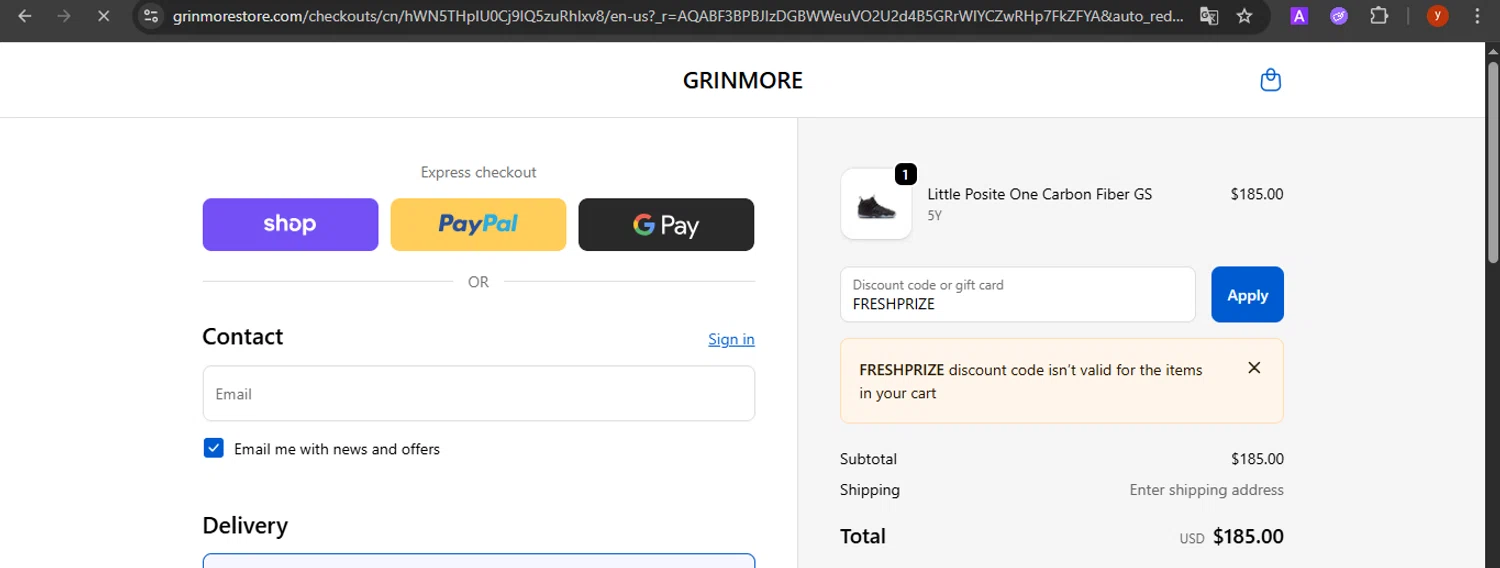 GRINMORE promo code screenshot showing code FRESHPRIZE applied at GRINMORE checkout page. Uploaded by SimplyCodes community member CrownTiger7501 on Nov 19, 2025