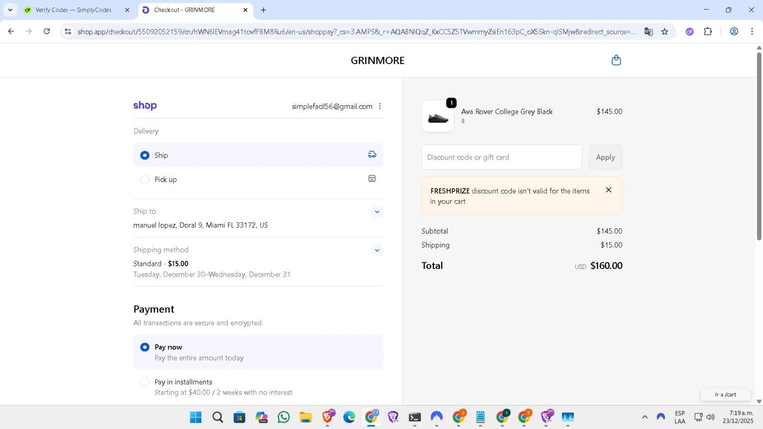 GRINMORE promo code screenshot showing code FRESHPRIZE applied at GRINMORE checkout page. Uploaded by SimplyCodes community member NobleLegend6162 on Dec 23, 2025