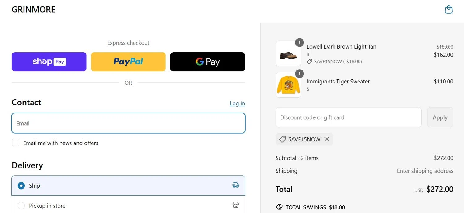 GRINMORE promo code screenshot showing code save15now applied at GRINMORE checkout page. Uploaded by SimplyCodes community member Mistica on May 28, 2025