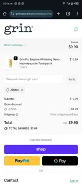 JENNA coupon verification screenshot