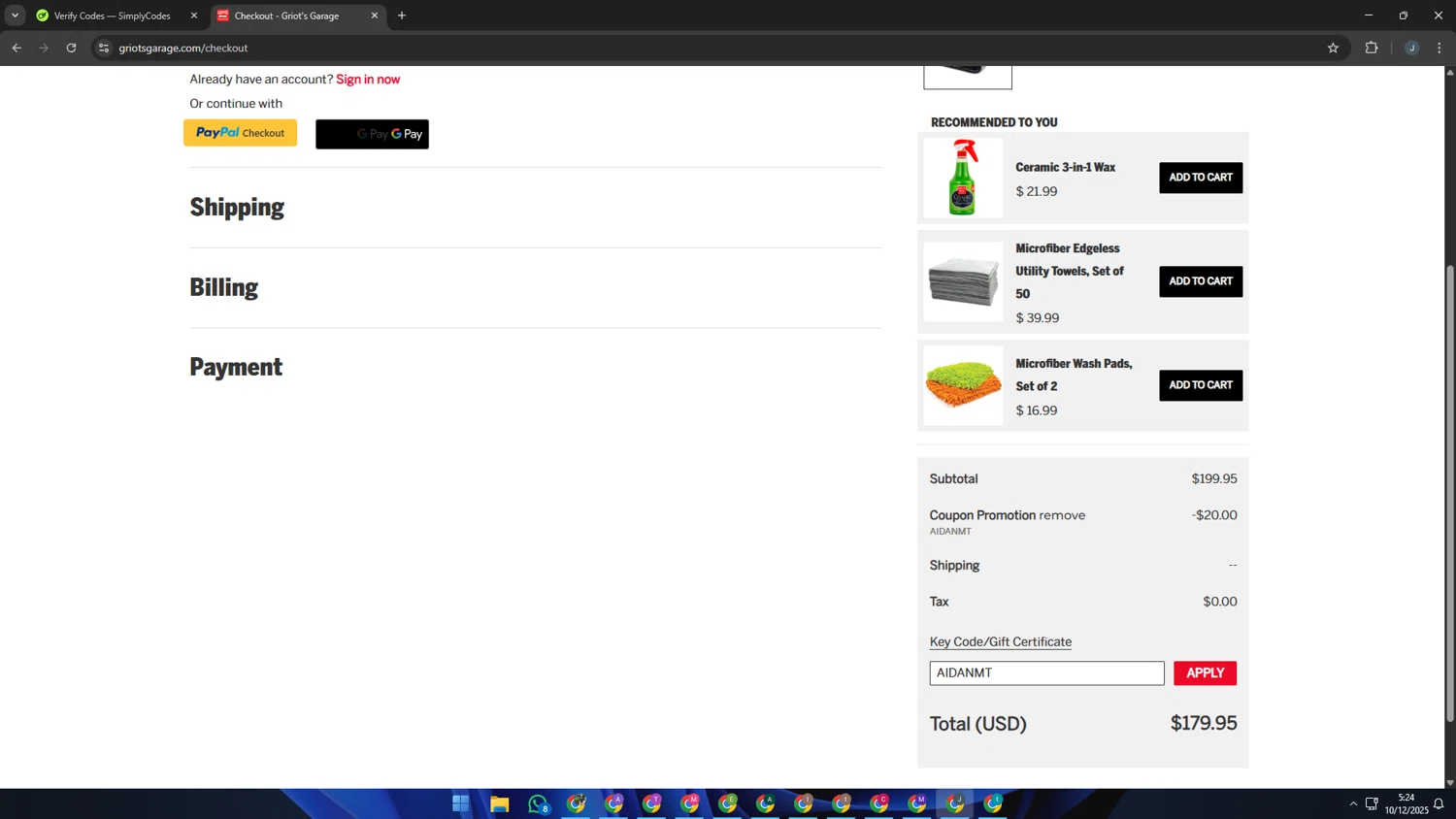 Griot's Garage discount code screenshot showing code AIDANMT applied at Griot's Garage checkout page. Uploaded by SimplyCodes community member AVATIGRITO on Dec 10, 2025