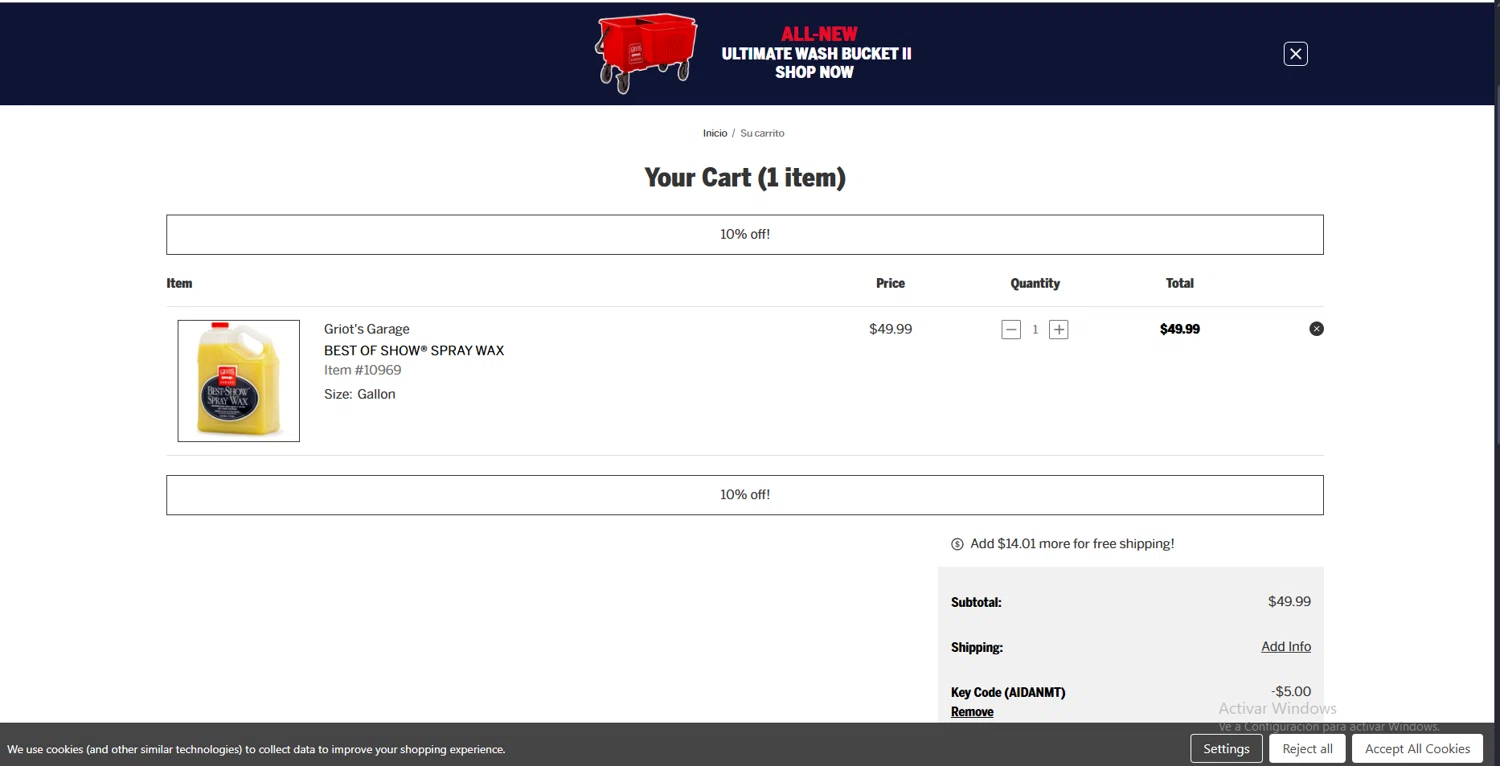Griot's Garage discount code screenshot showing code AIDANMT applied at Griot's Garage checkout page. Uploaded by SimplyCodes community member VoucherLynx1047 on May 17, 2025
