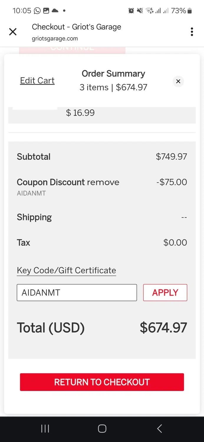 Griot's Garage discount code screenshot showing code AIDANMT applied at Griot's Garage checkout page. Uploaded by SimplyCodes community member ronyacosta on May 10, 2025