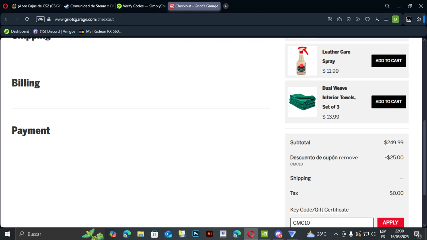 Griot's Garage discount code screenshot showing code CMC10 applied at Griot's Garage checkout page. Uploaded by SimplyCodes community member TuAmigoRed on May 17, 2025