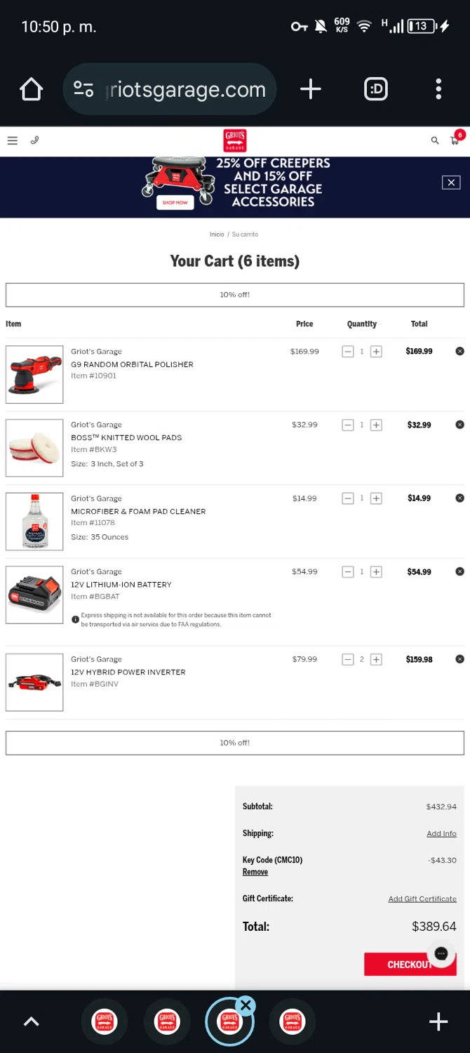 Griot's Garage discount code screenshot showing code CMC10 applied at Griot's Garage checkout page. Uploaded by SimplyCodes community member Ryan_Garcia on May 24, 2025