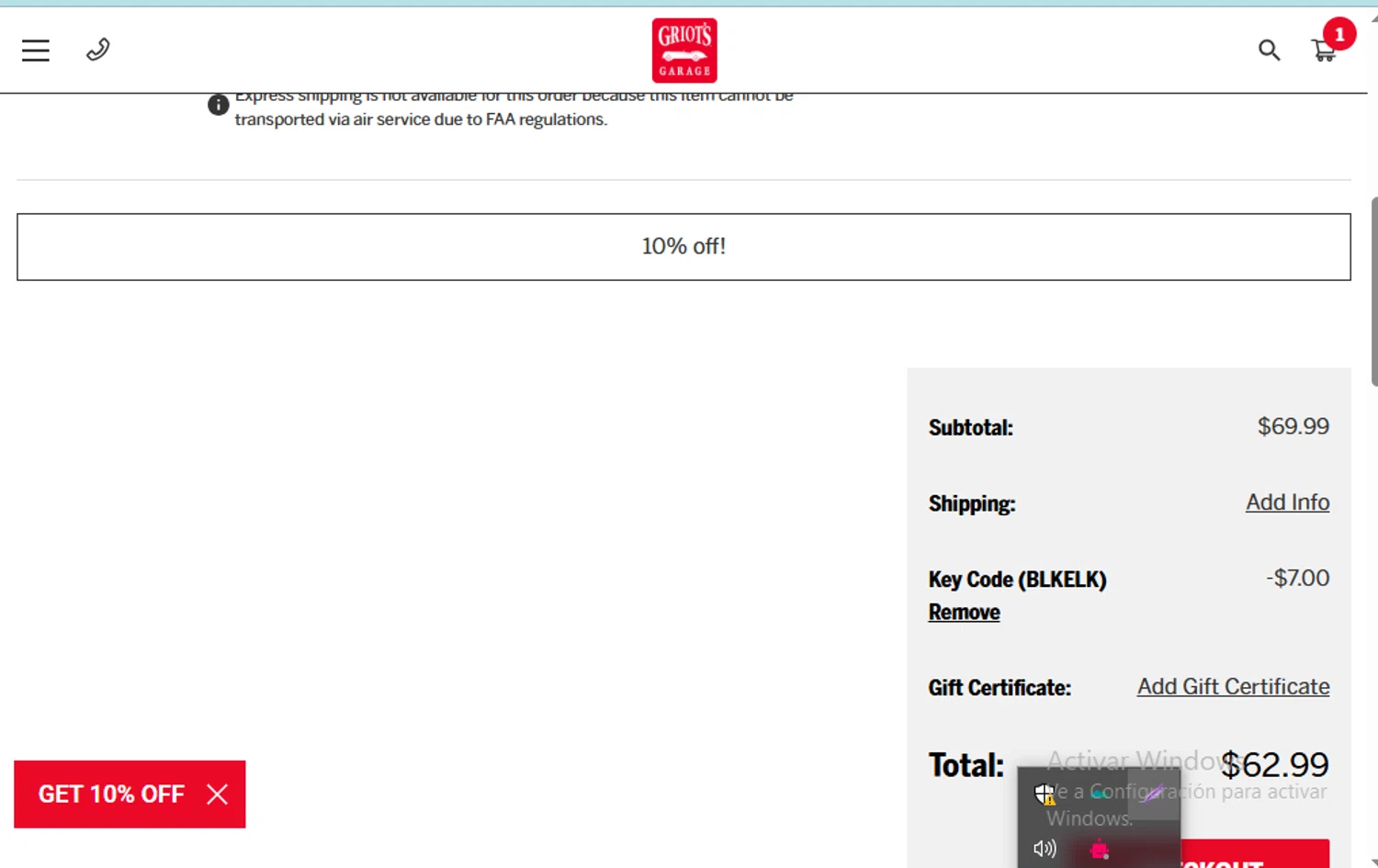 Griot's Garage discount code screenshot showing code BLKELK applied at Griot's Garage checkout page. Uploaded by SimplyCodes community member estrellaveloz on May 10, 2025