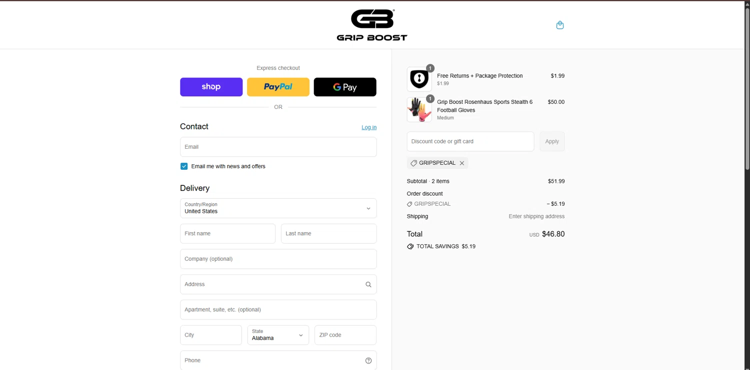 Grip Boost discount code screenshot showing code GRIPSPECIAL applied at Grip Boost checkout page. Uploaded by SimplyCodes community member ValueGenius9720 on Sep 4, 2025