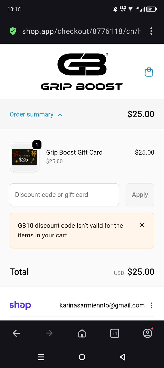 Grip Boost discount code screenshot showing code GB10 applied at Grip Boost checkout page. Uploaded by SimplyCodes community member Olivatle37 on Dec 17, 2025