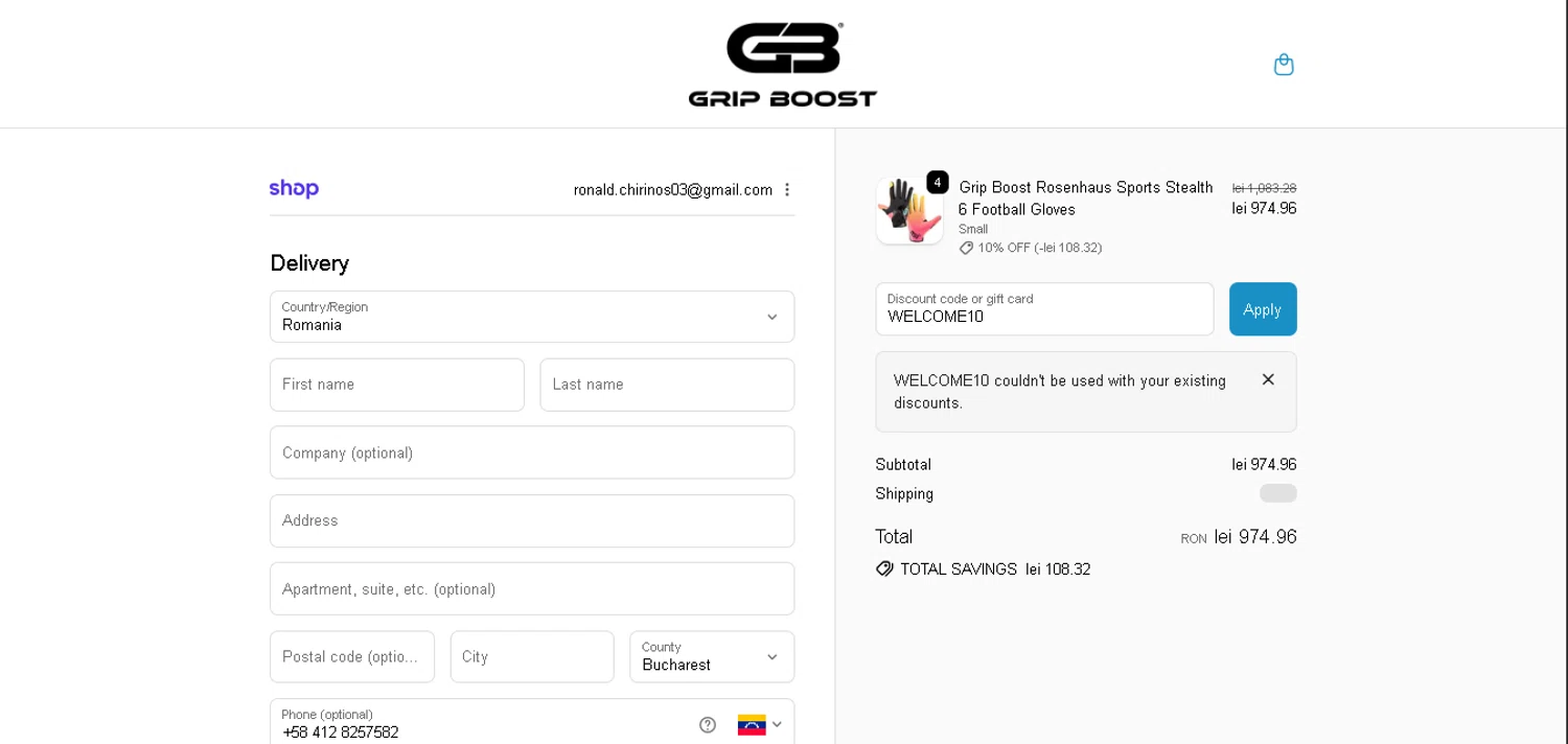 Grip Boost discount code screenshot showing code WELCOME10 applied at Grip Boost checkout page. Uploaded by SimplyCodes community member CleverGenius9882 on Jan 13, 2026