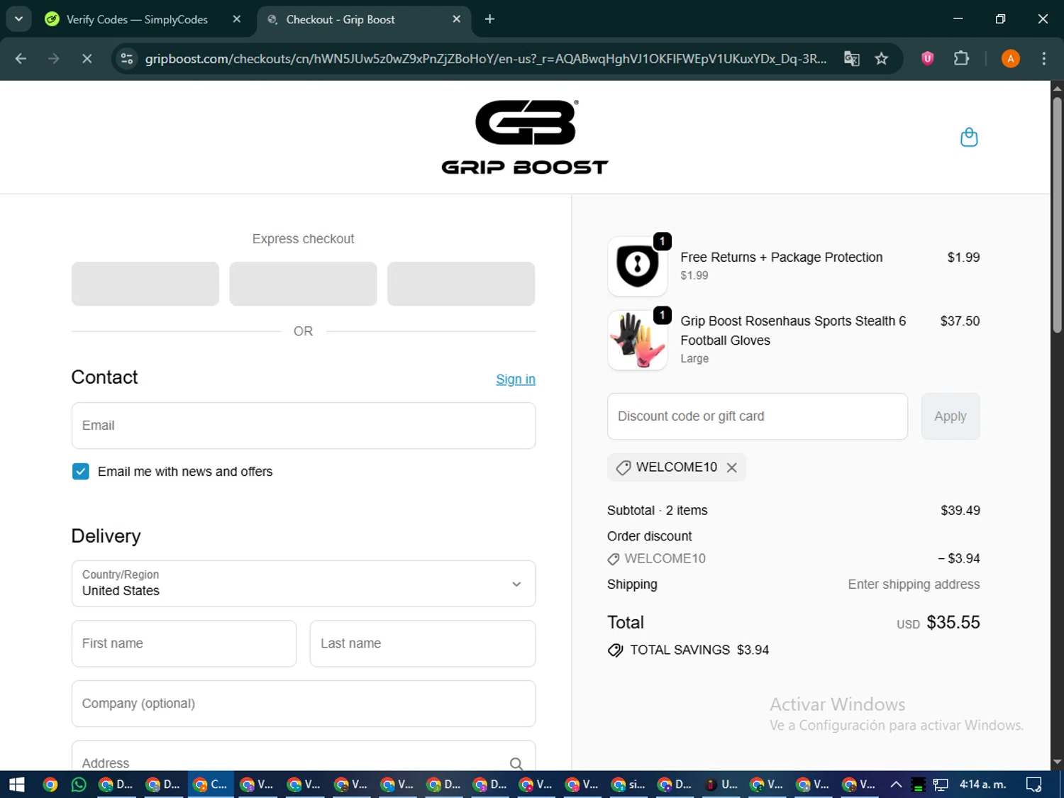 Grip Boost discount code screenshot showing code WELCOME10 applied at Grip Boost checkout page. Uploaded by SimplyCodes community member MoneyPhoenix4664 on Nov 15, 2025