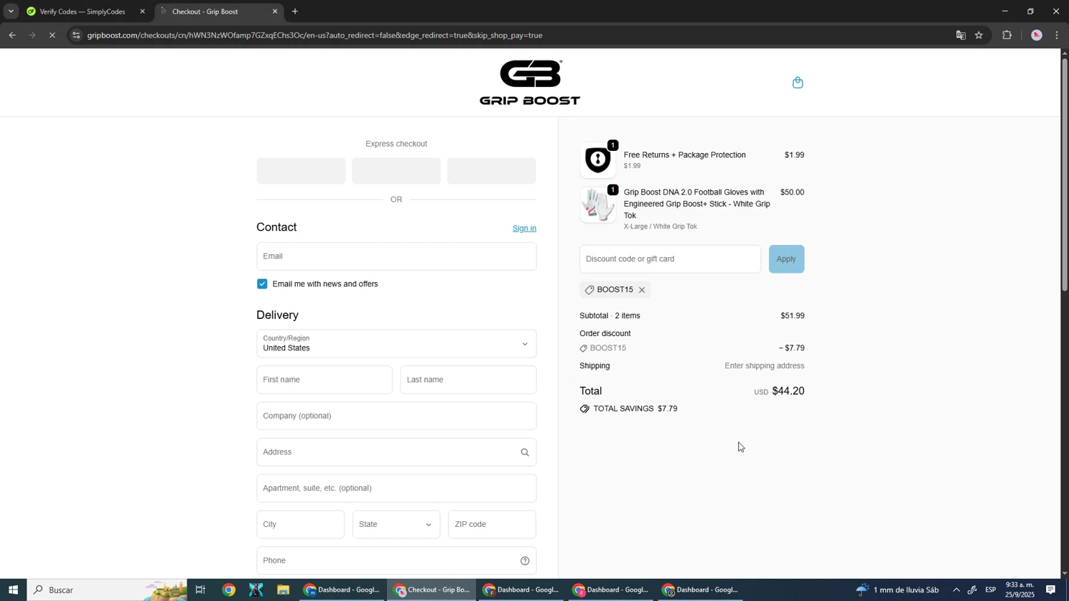 Grip Boost discount code screenshot showing code boost15 applied at Grip Boost checkout page. Uploaded by SimplyCodes community member DealScout5970 on Sep 25, 2025