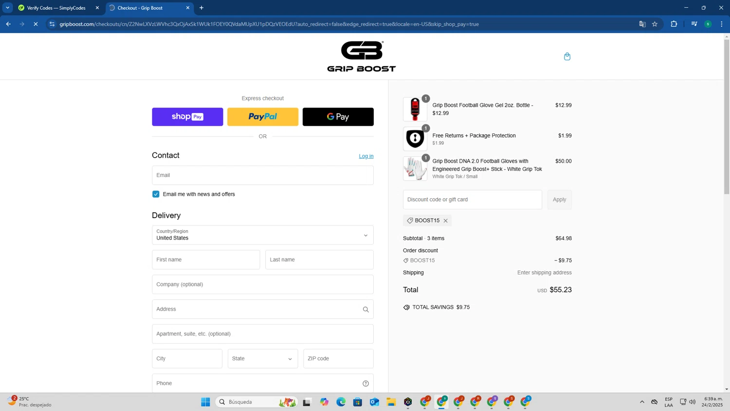 Grip Boost discount code screenshot showing code boost15 applied at Grip Boost checkout page. Uploaded by SimplyCodes community member FrugalExpert8809 on Feb 24, 2025