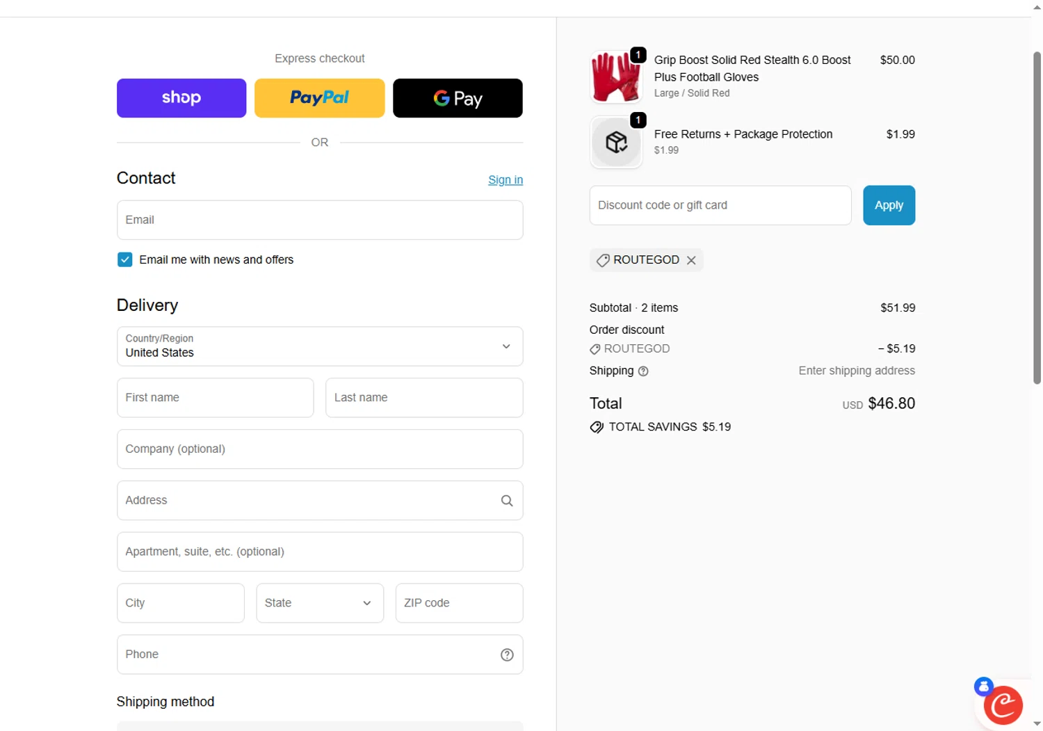 Grip Boost promo code screenshot showing code ROUTEGOD applied at Grip Boost checkout page. Uploaded by SimplyCodes community member Sadalsuud on Jun 13, 2026